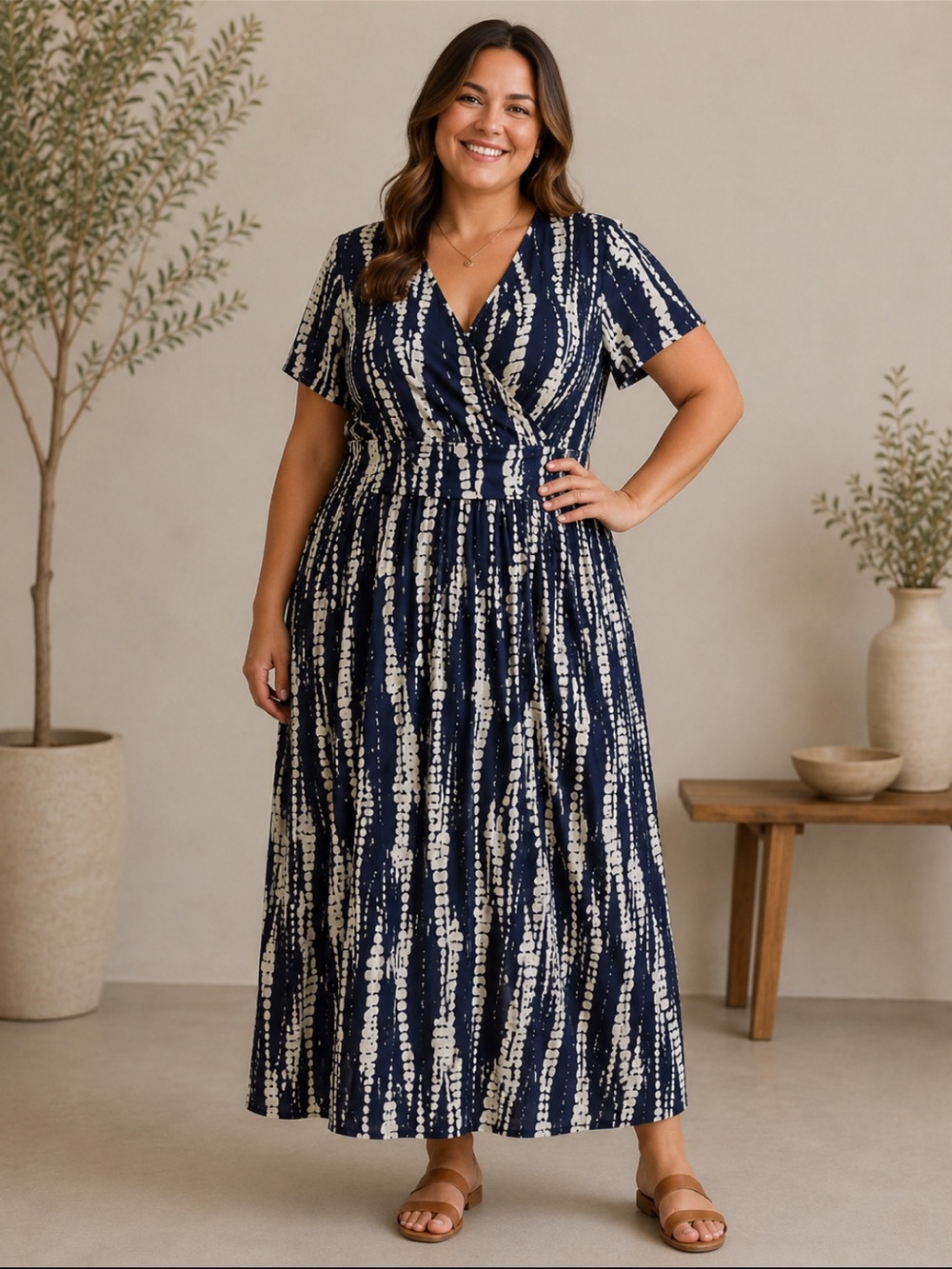 Navy and Cream Tie-Dye Wrap Maxi Dress